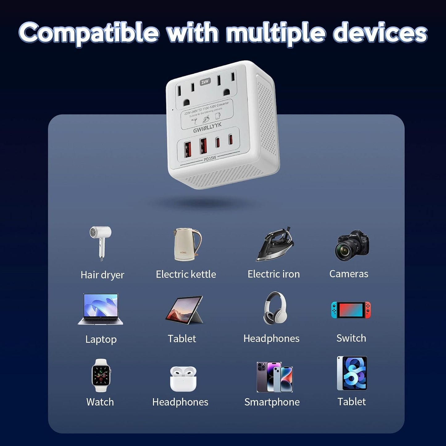 2000W 220V to 110V Voltage Converter Us to Europe for Hair Dryers, Travel Converter with PD 35W USB Ports, Converter for European Travel, International Travel Adapter with Type C G I A (Gray)