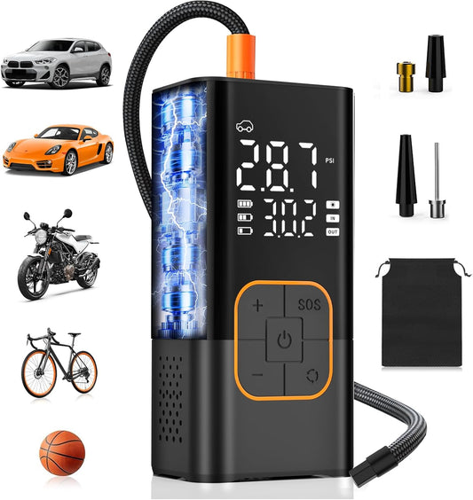Tire Inflator Portable Air Compressor, Cordless Car&Bike Tyre Pump | With Digital Dual Values Display, 150 PSI Bike Tires Air Pump with LED Lights&Pressure Gauge for Auto/Bicycle/Motocycle/Balls