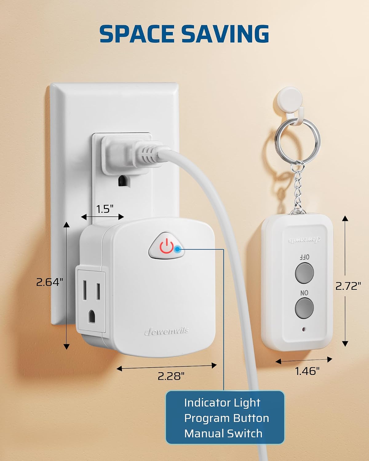 DEWENWILS Remote Control Outlet, Compact Side Plug | 15A/1875W, 100FT Long Range, Upgraded Version Wireless Remote Light Switch for Lamp, Household Appliances, ETL Listed, White