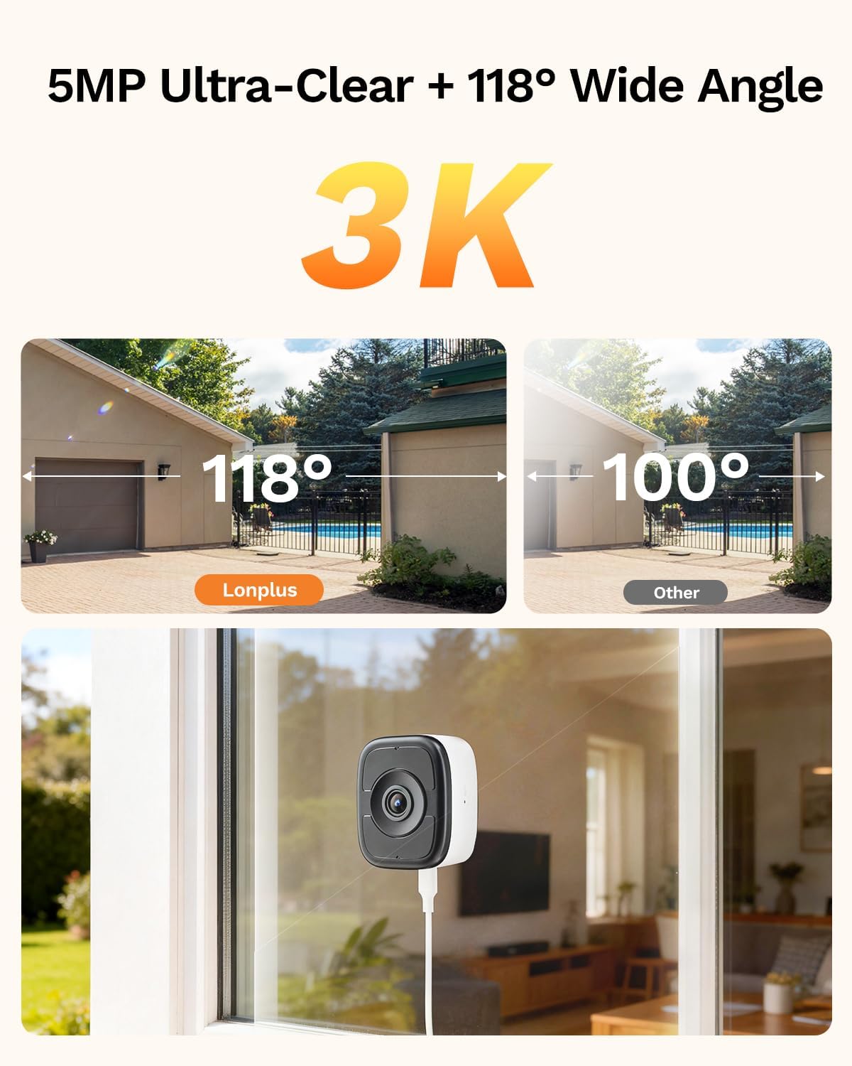 LongPlus 3K 5MP Magnetic Window Camera with Night Vision, 2.4&5GHz WiFi Safeview Window Security Camera, Indoor Window Camera for Home Security, 24/7 Recording, Human/Car Detection,Two-Way Audio