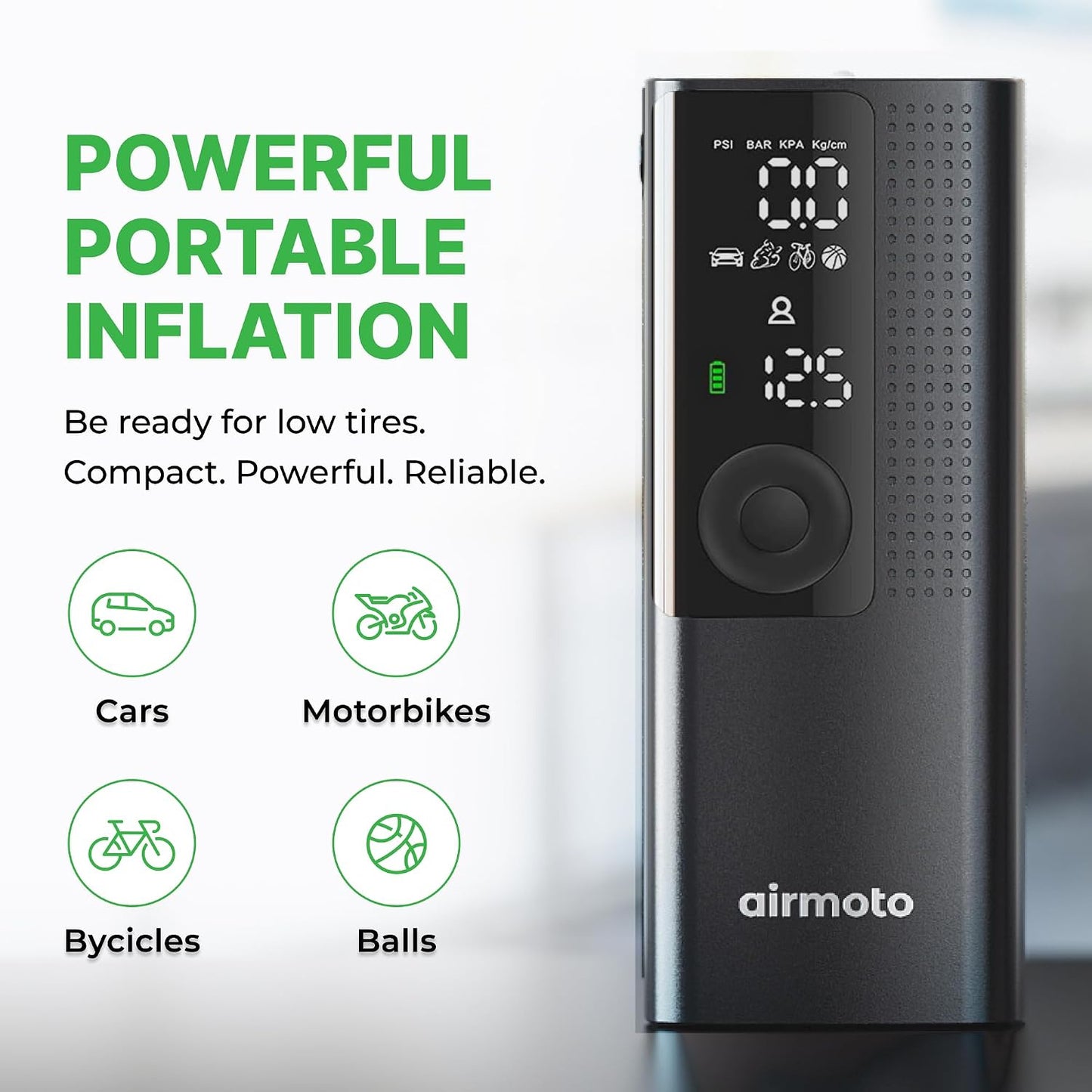 Airmoto Portable Tire Inflator and Car and Home Charger Bundle | Cordless Inflator with Digital Pressure Display, Power Kit Included for Car and Home Charging