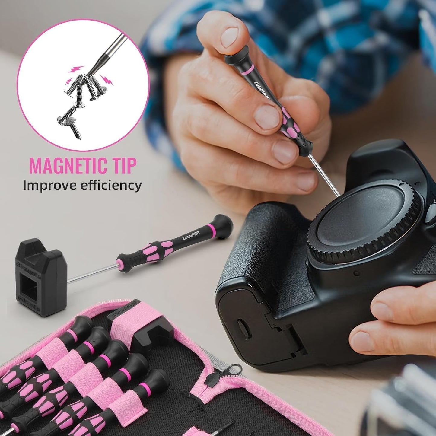 GRENPRO 10-Piece Precision Screwdriver Set, Magnetic Small Screwdrivers with Phillips, Slotted, Torx Star for Eyeglass, Watch, Computer, Laptop, Phone,Pink