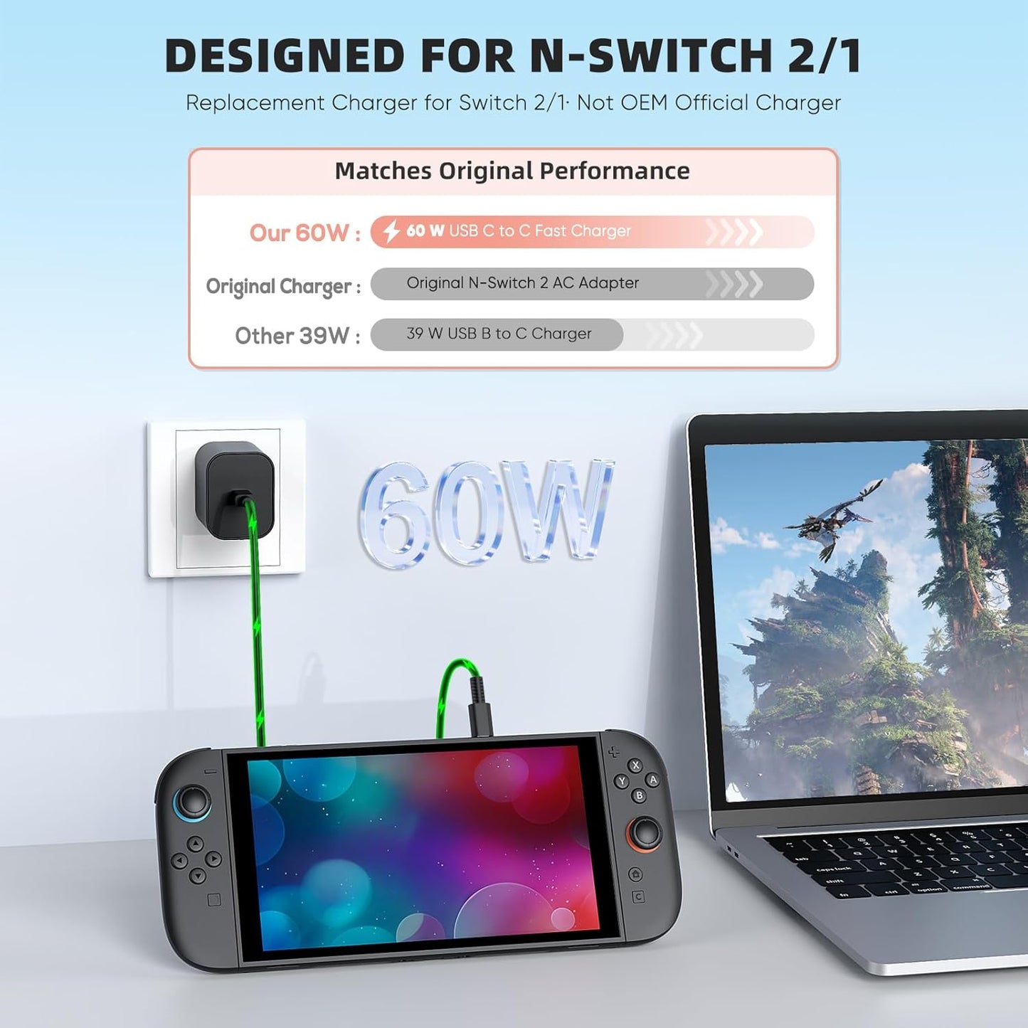 Switch 2 Charger - 60W AC Adapter for Nintendo Switch/OLED/Lite & Steam Deck/OLED, 5FT Charging Cable, Support 4K TV Dock Mode, Power Supply 20V/3A Fast Cord - Original Quality, Xbox 360 Console