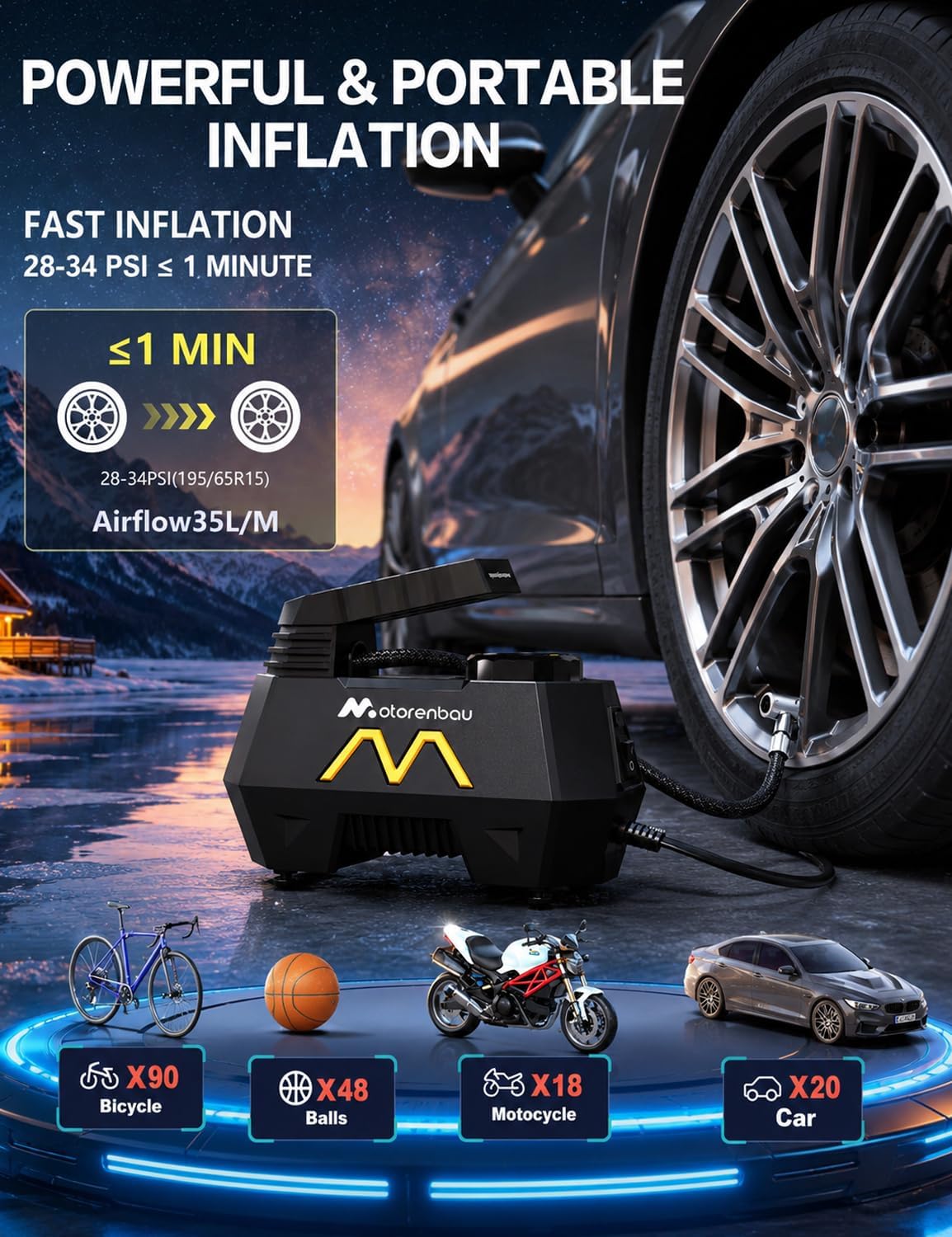 Tire Inflator Portable Air Compressor, Air Pump for Car Tires, 9.84Ft Cord-12V DC-Powered Auto Pump with Digital Pressure Gauge, LED Light-Car Accessories for Car, Motorcycles, Bicycle, Ball, Balloons