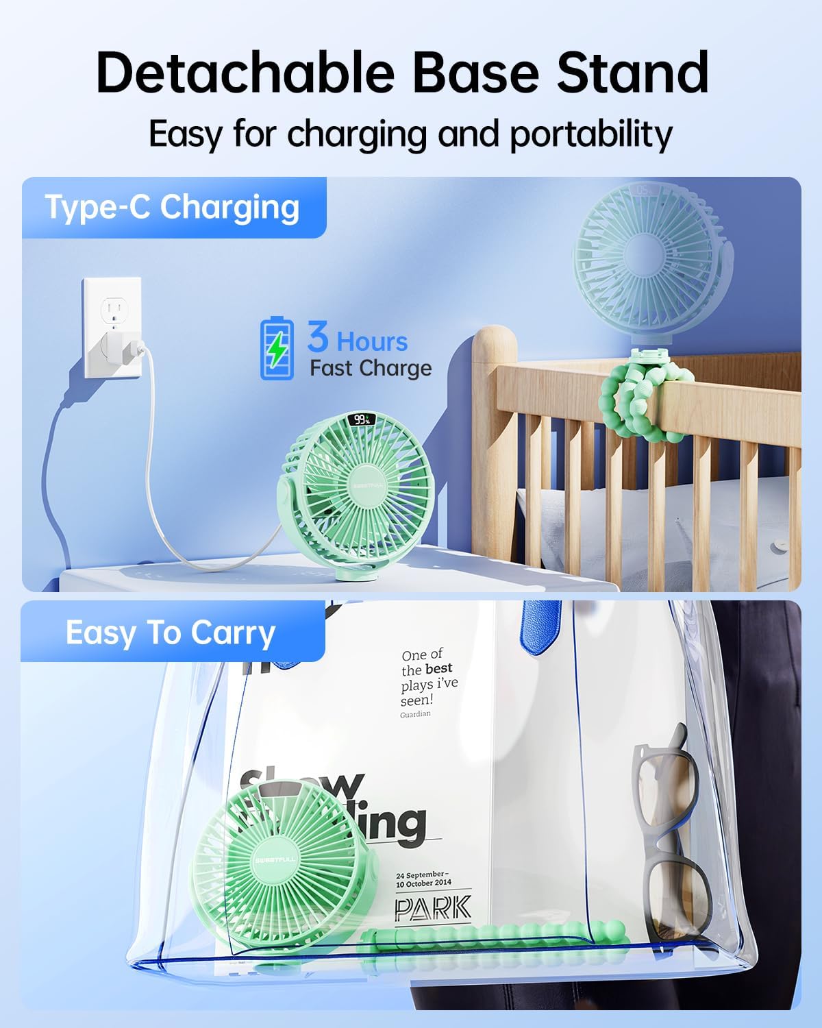 SWEETFULL Portable Stroller Fan with LED Display, 4 Speed Rechargeable Mini Clip On Fan, 360° Rotate Flexible Tripod Better Cooling Small Baby Fan for Car Seat Crib Travel Bike Treadmill (Green)