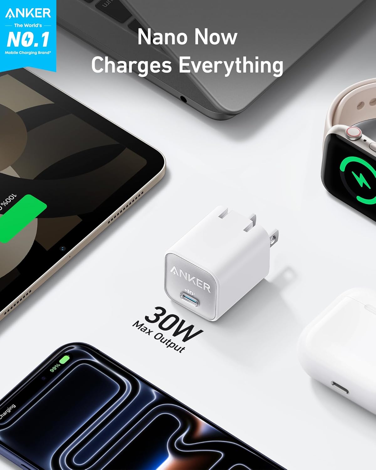 Anker Nano Phone Charger, 30W Portble and Foldable USB C GaN Charger | For iPhone 17/17 Plus/17 Pro Max/16/16 Plus/16 Pro Max/15 Pro Max, Galaxy, iPad, and MagSafe-Compatible Accessories