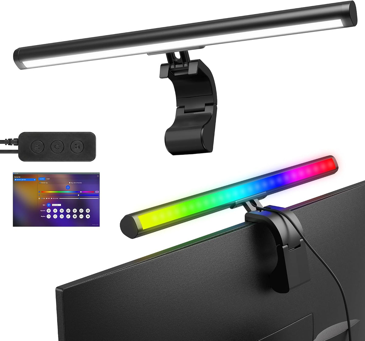Smart Monitor Light Bar with RGB Backlight, Software-Controlled Display Color & Music Sync, LED Desk Lamp，Monitor Light for Gaming/Work with 16M Colors & 18 Modes – 16"