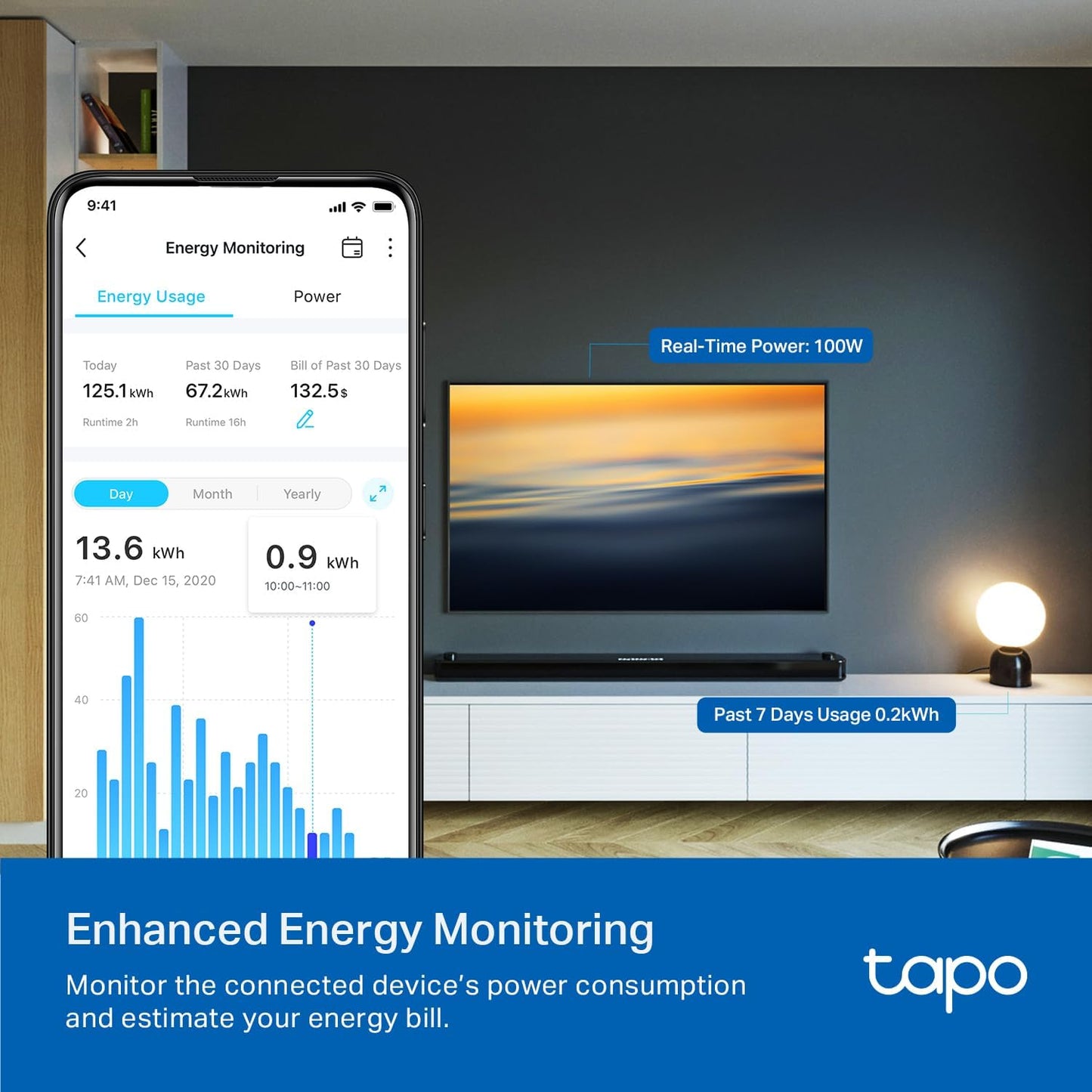 Tapo Smart Plug, Wi-Fi in-Wall Outlet, Matter Compatible, Energy Monitoring, 15A/1800W Max, Works with Alexa, Apple Home, Google Home, SmartThings, Voice/Remote Control, ETL Certified - Tapo P210M