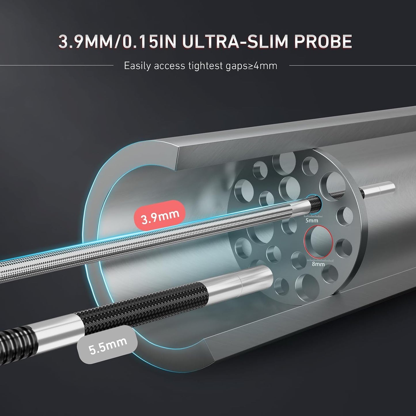 3.9mm Two-Way Articulating Borescope, 5 Inch HD Industrial Endoscope Inspection Camera with Light, Stainless Steel Flexible Fiber Optic Scope Camera 0.15in Automotive Mechanics Tool
