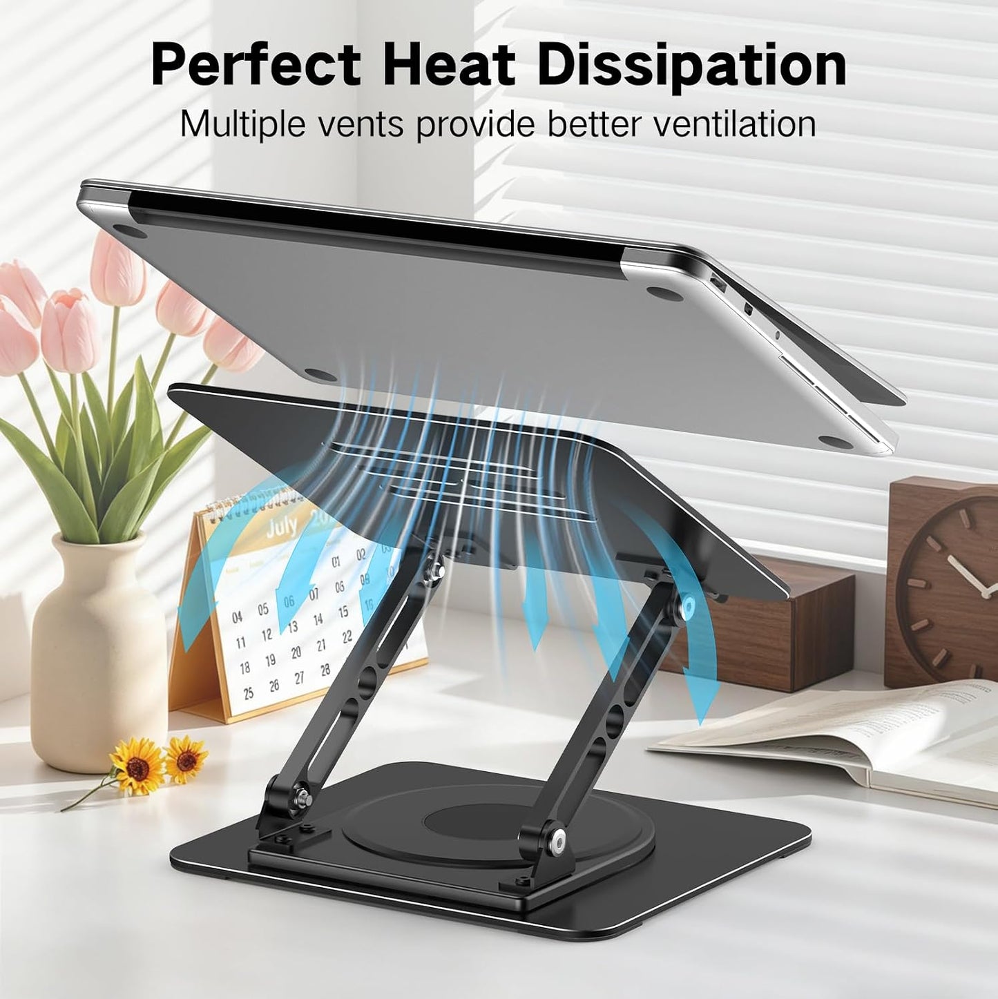 Adjustable Laptop Stand for Desk with 360 Rotating Base | Metal Foldable Laptop Riser Holder, Portable Desktop Book Stands, Ventilated Cooling Notebook Stand for 10-15.6” Laptops