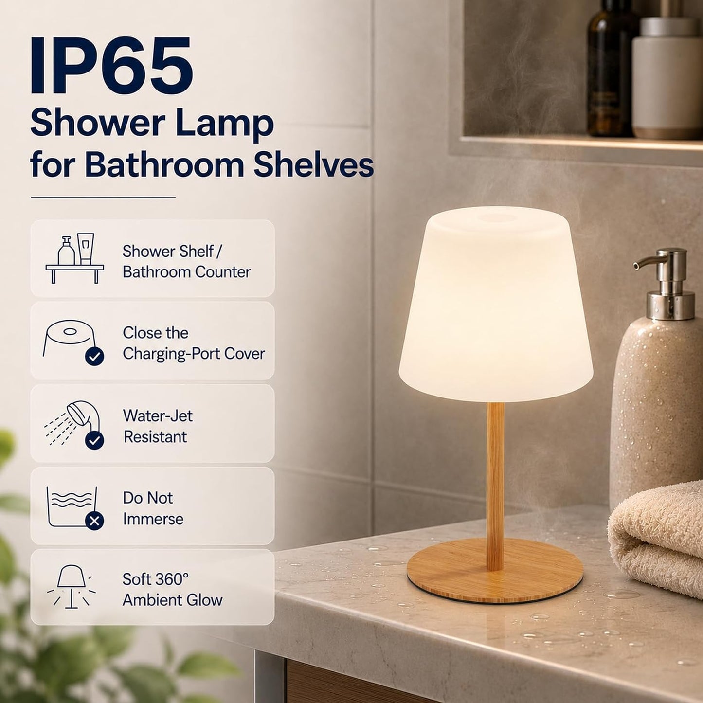 IP65 Waterproof Shower Lamp, Cordless Rechargeable Table Lamp, Wood Grain | Bathroom To Bedside Glow, Touch-Dim Comfort, 4000mAh USB-C Ease, 12-24H Light, 3 Light Moods, 2-Height Fit
