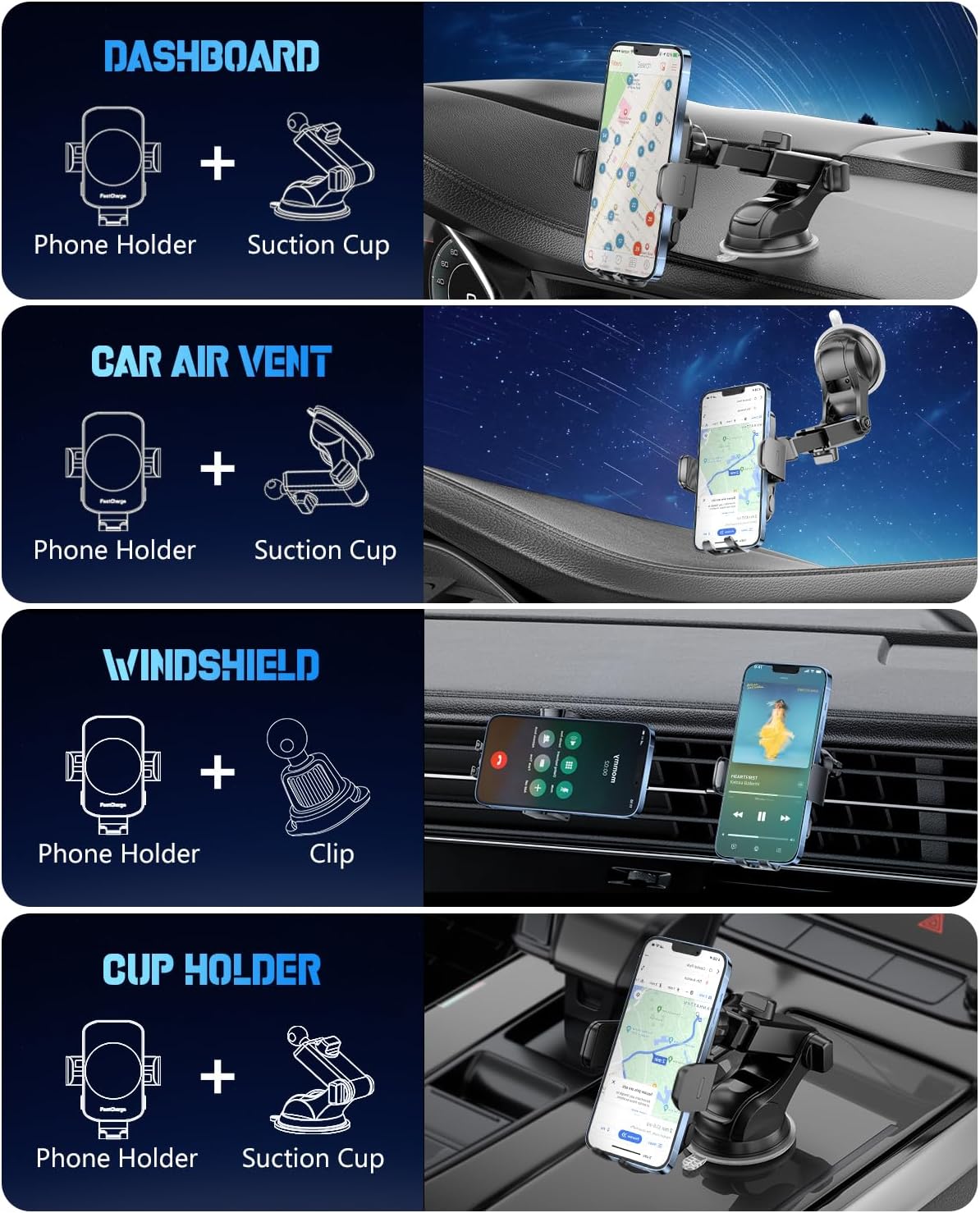 3-in-1 Wireless Car Charger Mount, 15W Fast Charging Auto-Clamping Phone Holder for iPhone 17 16 15 14, Samsung Galaxy S24 S23, Dashboard, Vent & Windshield Car Mount(Black)