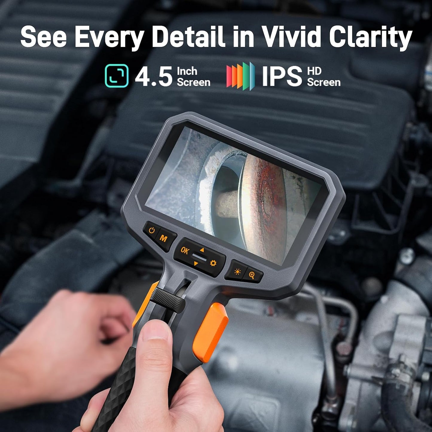 Teslong Articulating Borescope for Mechanic Automotive HVAC Wall Inspection | 2.0MP HD Endoscope, 8 LED Lights, Two-Way 210°, 4.5" IPS Screen, 32GB, IP67 Waterproof, Semi-Rigid Gooseneck, Carrying Case