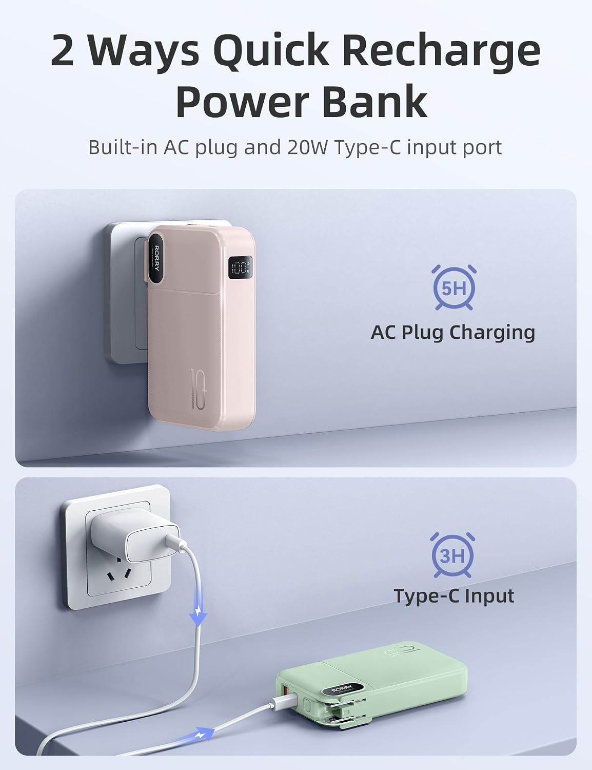 RORRY Portable Charger w/Wall Plug 10000mAh Power Bank 22.5W Battery Pack | Built in Cables, Fast Charging, for iPhone, iPad, Samsung Galaxy, Pixel, LG, Travel Essential, Digital Display, Pocket Size
