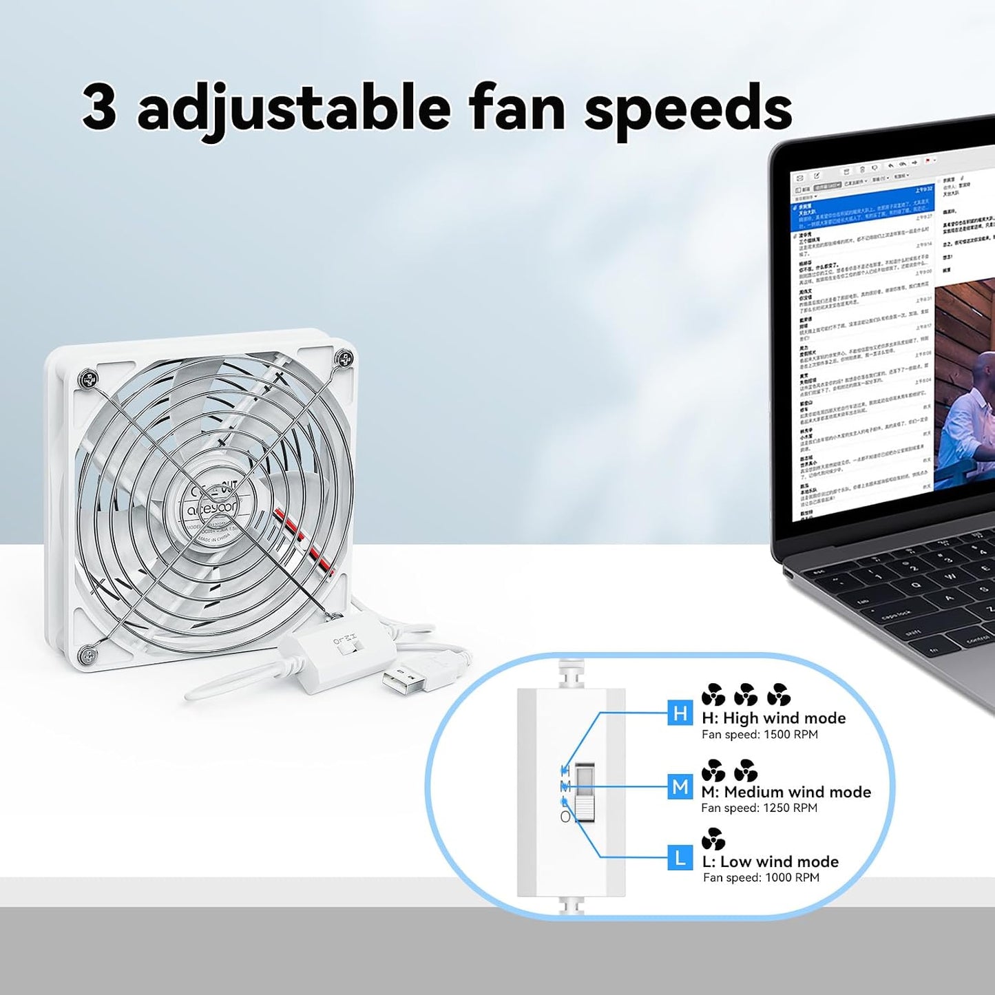 aceyoon 120mm USB Fan, 5V Computer Cooling Fan with Speed Control Portable Mini USB Fan for Laptop Receiver DVR Xbox TV Box Computer Cabinet Cooling, White