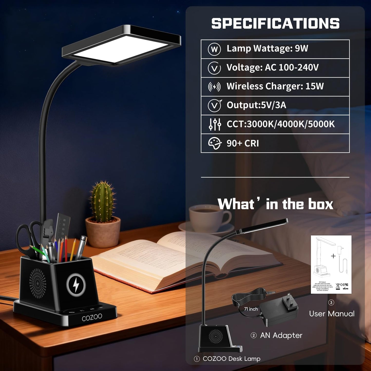 LED Desk Lamp for Dorm Office, 15W Wireless Charger Pen Holder, Black | Desk lamps for Home Office, 15W Wireless Charger, 3 Color Modes 4 Brightness Leves CRI 95, 800 LM Small Table Lamp for Dorm