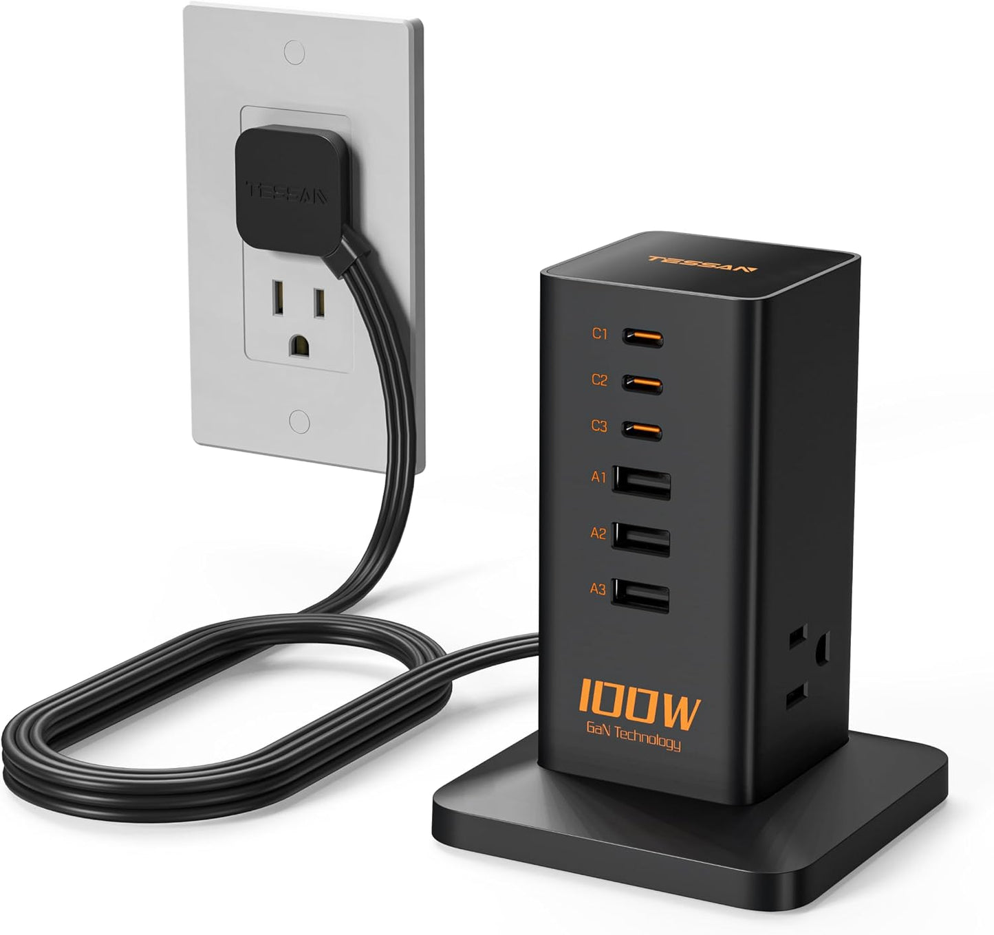 TESSAN 100W USB Charging Station for Multiple Devices 9-in-1 USB Charger | Desktop Accessories with 3 AC Outlet, 3 USB C, 3 USB A for iPhone 17/16/15, MacBook, Tablet, Home Drom Office, White
