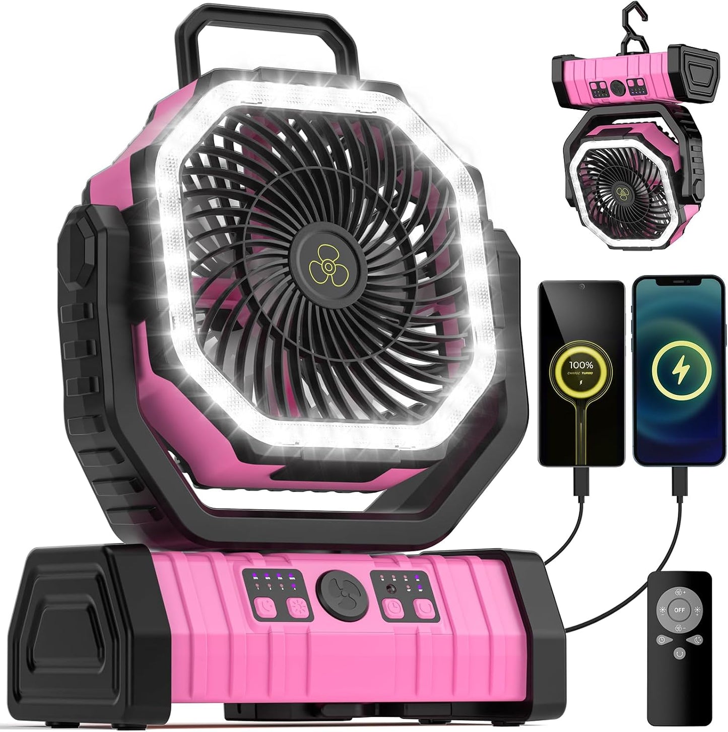 Camping Fan - 20000mAh Battery Powered Fan Rechargeable with LED Lantern - Portable Outdoor Tent Fans with Hanging Hook 4 Speeds Wind Remote Control, Pink
