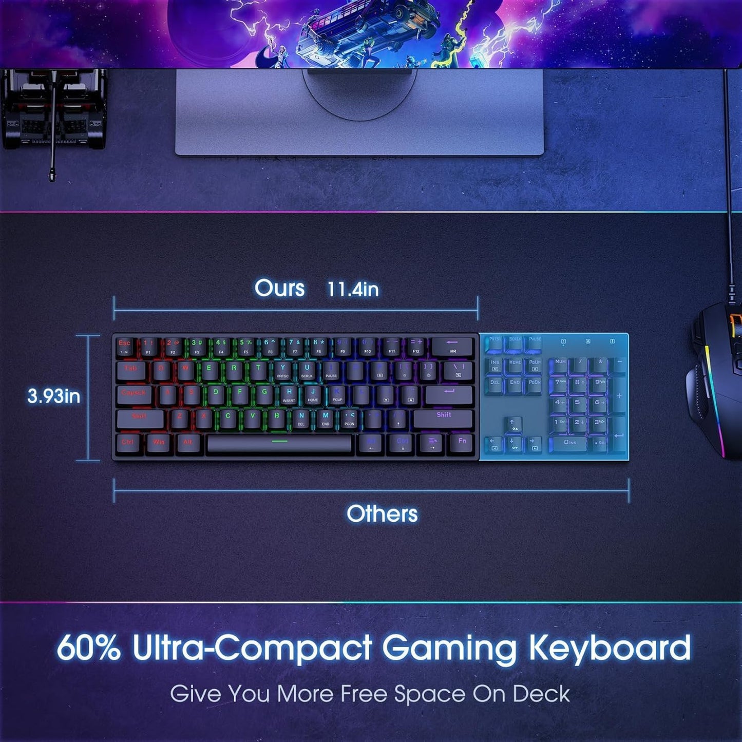 60% Wired Mechanical Gaming Keyboard with Blue Switches, LED Backlit | 61 Keys Ultra-Compact Mini Portable Office Keyboard for PC/Mac/Xbox, 18 LED Backlight, Easy to Carry On Trip, Black