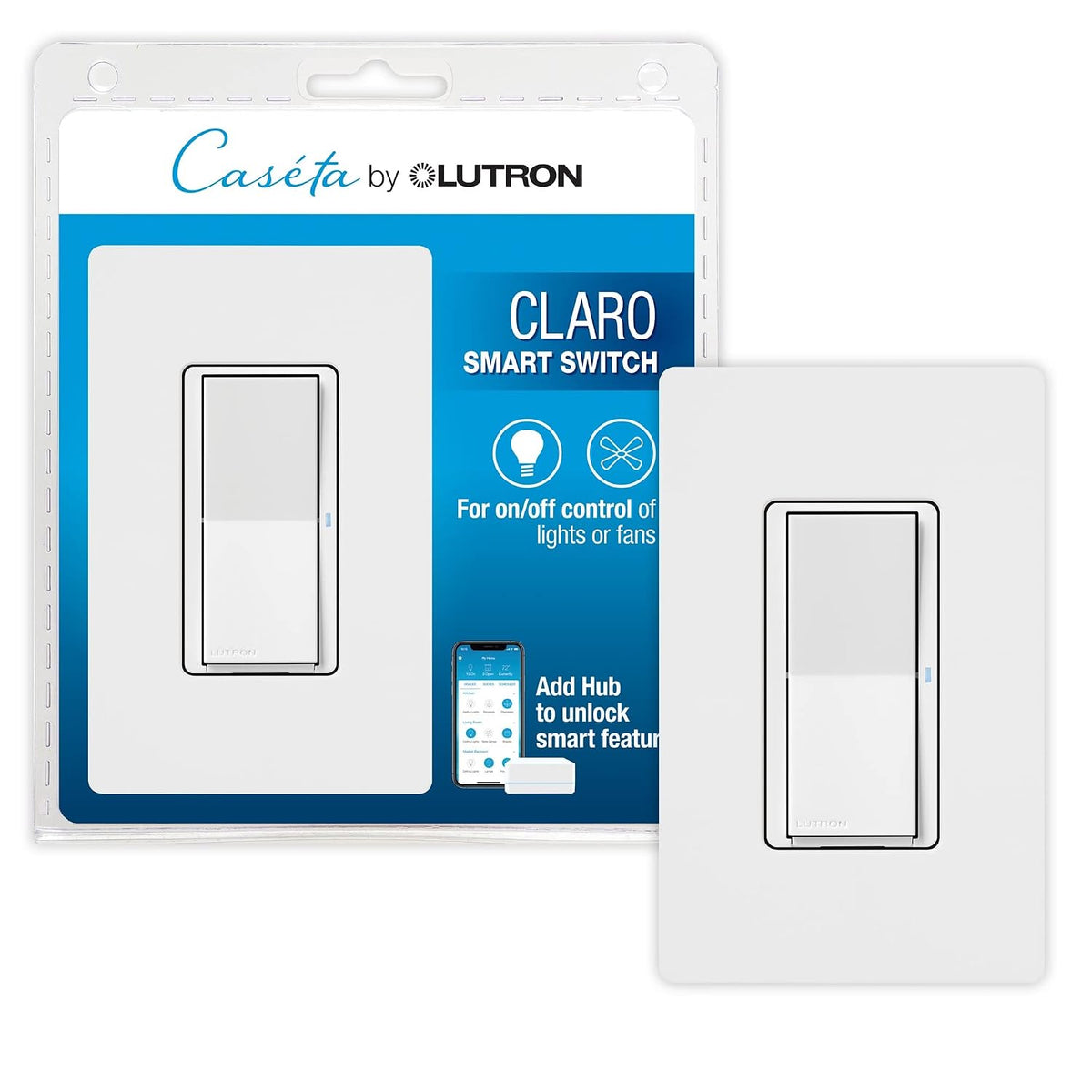 Lutron Caseta Claro Smart Switch & Wallplate for LED Lights (Smart Hub Req) | For Caseta systems, smart switch for any bulbs, 5 amp, single-pole/3-way, neutral required, DVRFW-5NS-WH-A, White