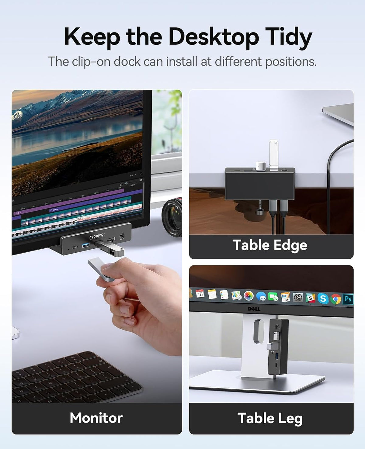 ORICO Clip Docking Station, 8-in-1 Clamp USB C Hub with 4K@60Hz HDMI, 100W PD, Gigabit Ethernet, 4xUSB Port, AUX, 10Gbps Clamp Docking Station for Laptop, MacBook, PC (Adapter Not Included)