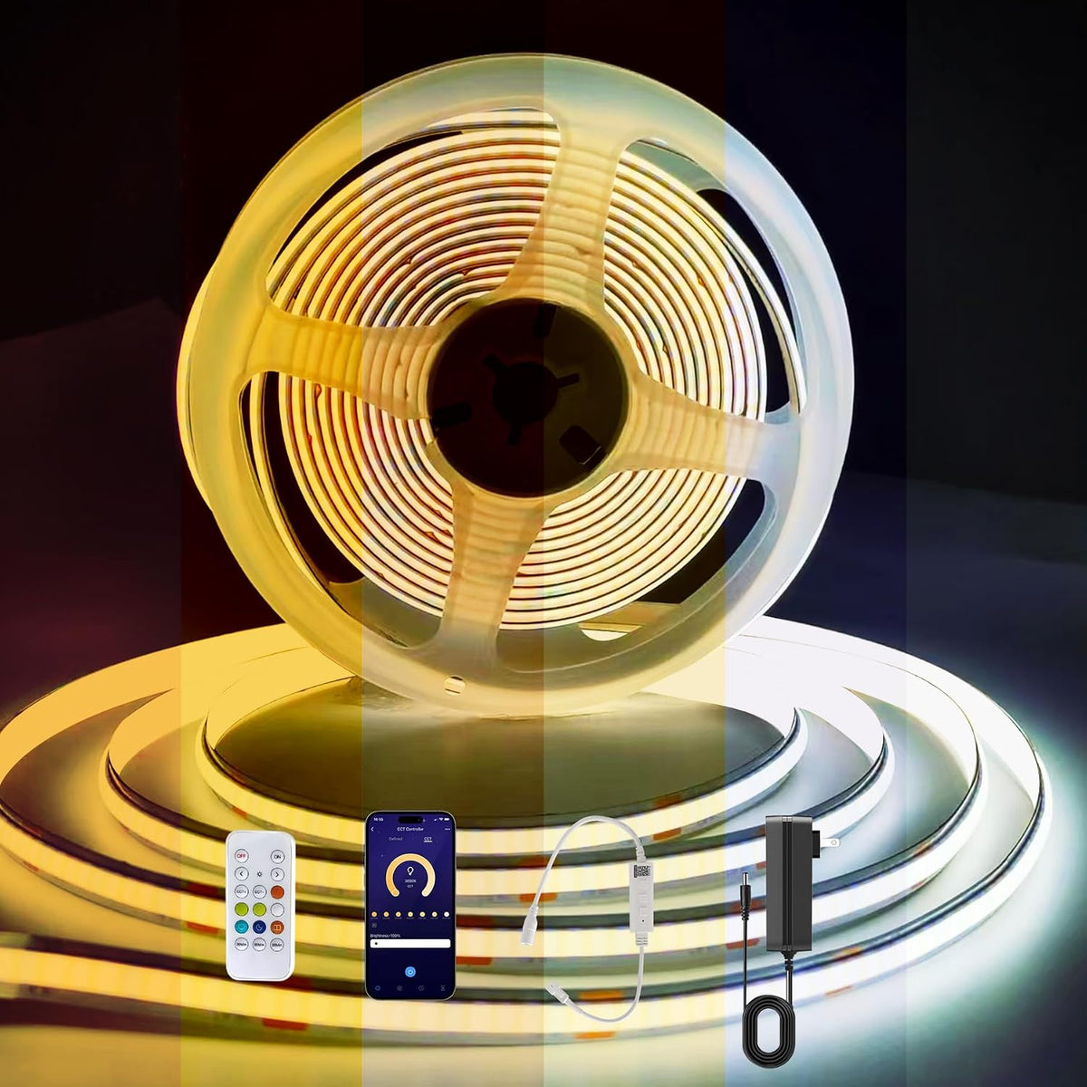 COB LED Strip Lights, CCT Tunable White LED Tape Light 32.8ft/10m, 2700K-6500K, CRI90+, 24V Dimmable LED Strips Kit with Bluetooth APP Control, for Bedroom, Kitchen, DIY Lighting.