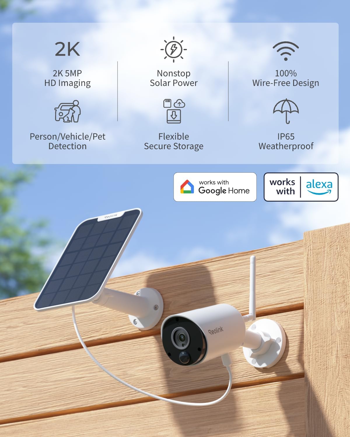 REOLINK Solar Camera Outdoor Wireless 2K 5MP Smart AI Detction Argus Eco | Up to 512GB Local Storage, No Subscription, IR Night Vision, Smart Playback, 2.4G WiFi, Home Hub Compatible