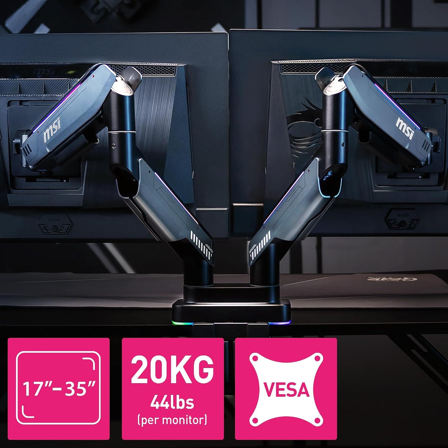MSI MPG MT201DR V2-Premium RGB Dual Monitor Stand Arms,17-35" Support,VESA Compatible,Adjustable Heavy Duty Gas Spring Mount,44 lbs per Screen Capacity,Clamp&Grommet,Quick Release Plate-Gray