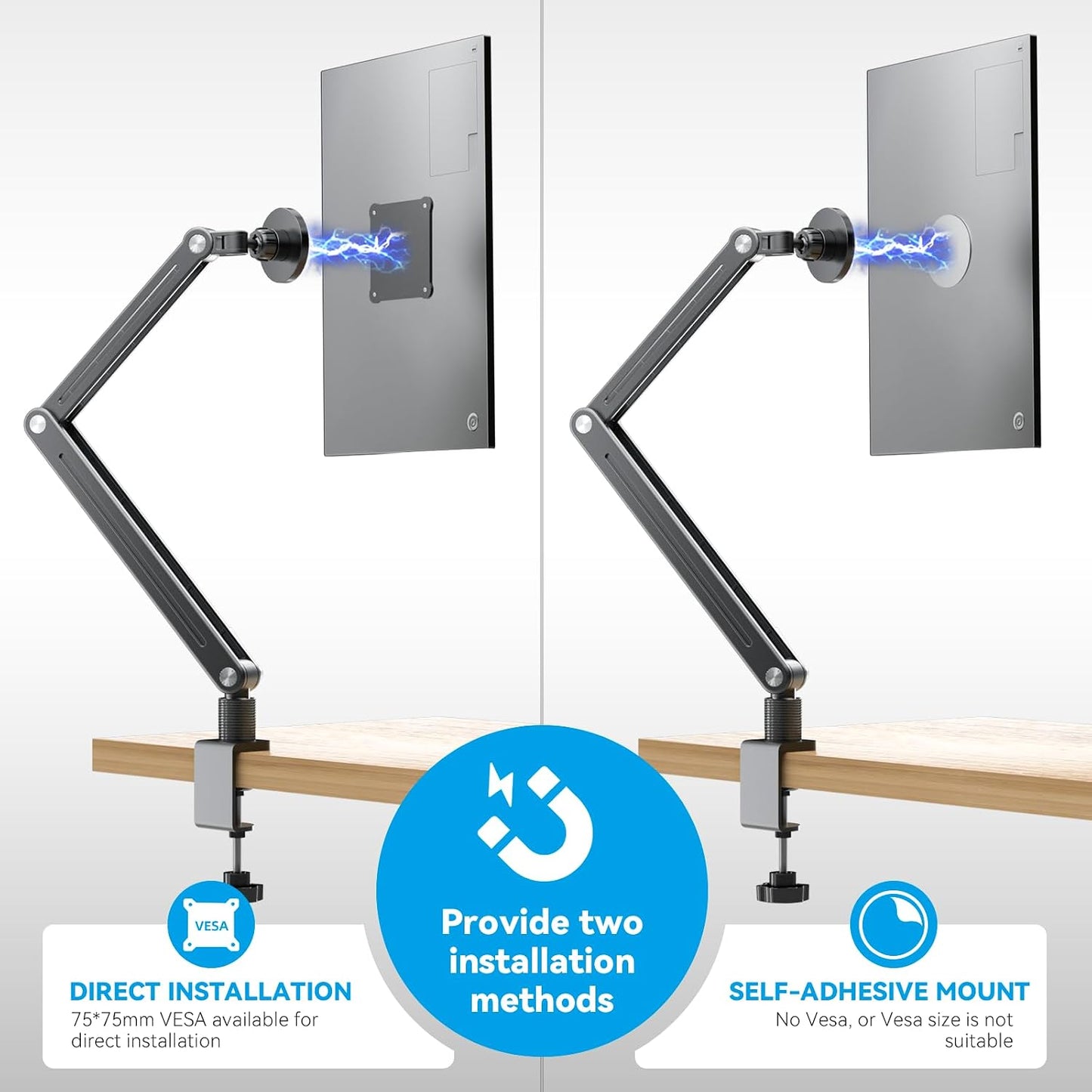 Jakeko Magnetic Portable Monitor Holder Arm - Heavy Duty Solid Aluminum 75mm VESA Mount Desk Clamp 8.3" 12.9" 15.6" 16" 17.3" 18.5 inch 360° Swivel Base with Cable Clips