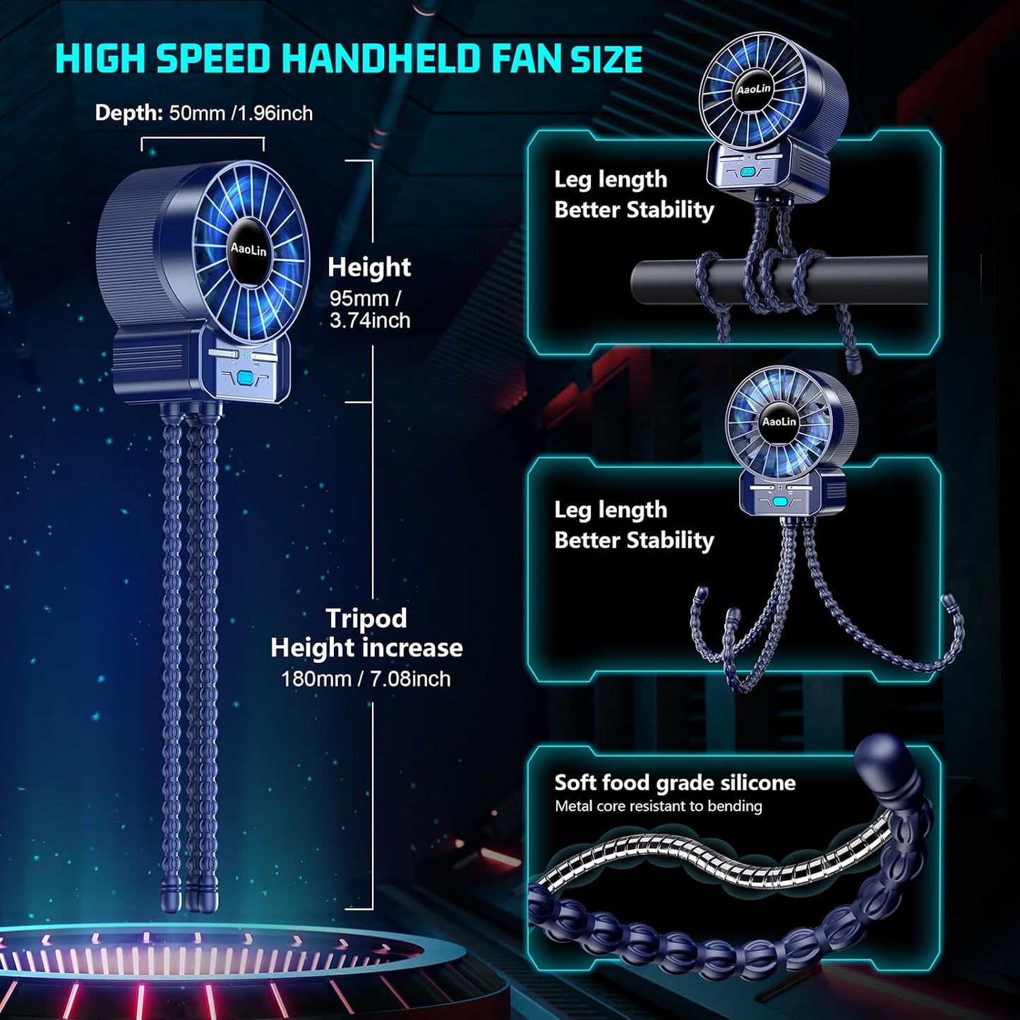 multifunctional USB rechargeable portable stroller small fan 4 speed 6600rpm high speed mini small handheld cooling fan extended flexible tripod for desktop wrap crib bike treadmill car kids gift