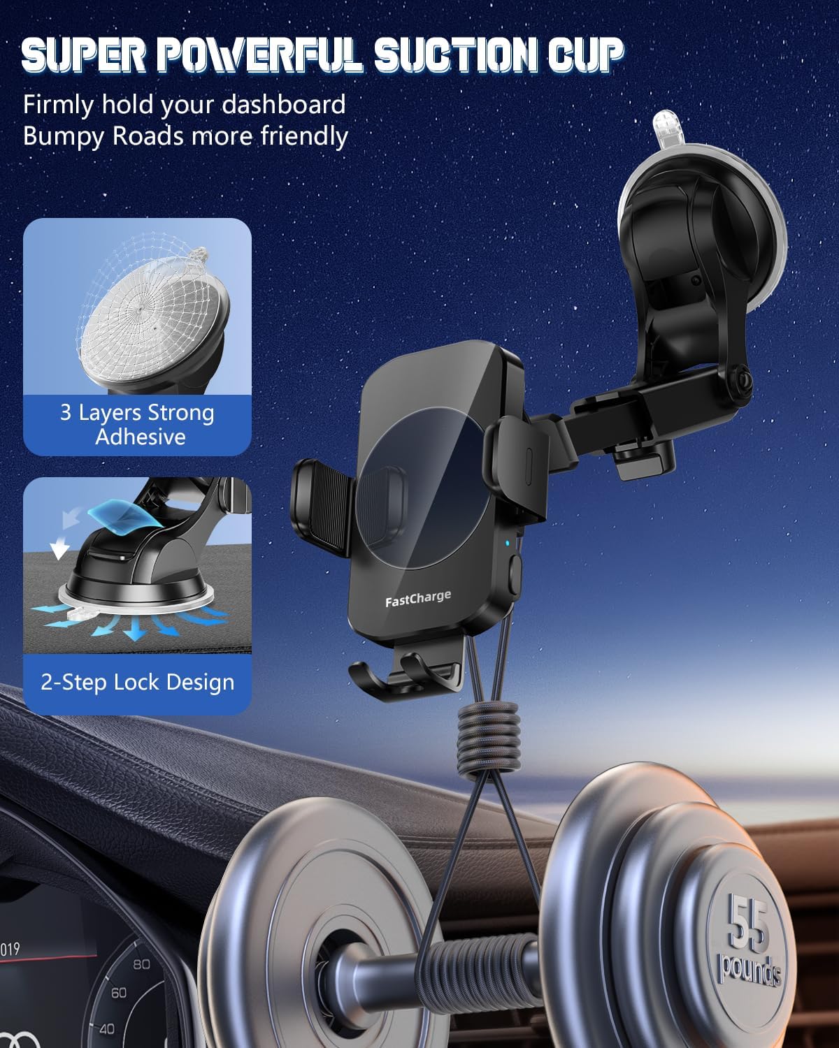 3-in-1 Wireless Car Charger Mount, 15W Fast Charging Auto-Clamping Phone Holder for iPhone 17 16 15 14, Samsung Galaxy S24 S23, Dashboard, Vent & Windshield Car Mount(Black)