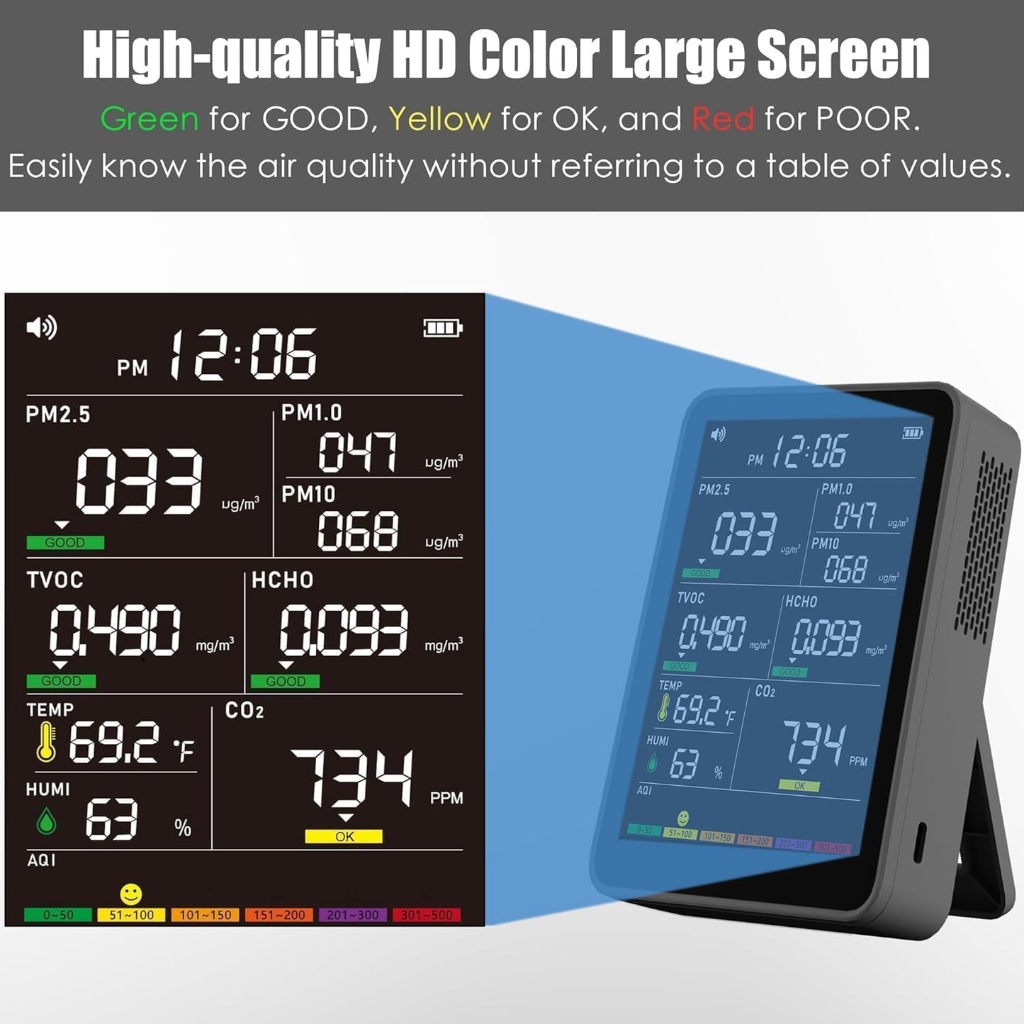 16-in-1 Indoor Air Quality Monitor, High-Precision Multi-Parameter Smart Air Quality Tester with HD Real-Time Color Screen, Portable Air Quality Monitor for Home, Office