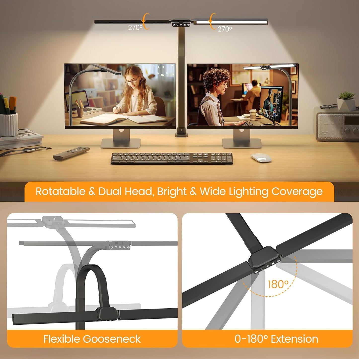 SIBRILLE Upgraded LED Desk Lamp for Home Office with RGB, Rotatable Computer Desk Light with Remote, Tall Table Lamp with Clamp for Working, Dimmable Dual Head Task Lighting for Monitor PC, 22W
