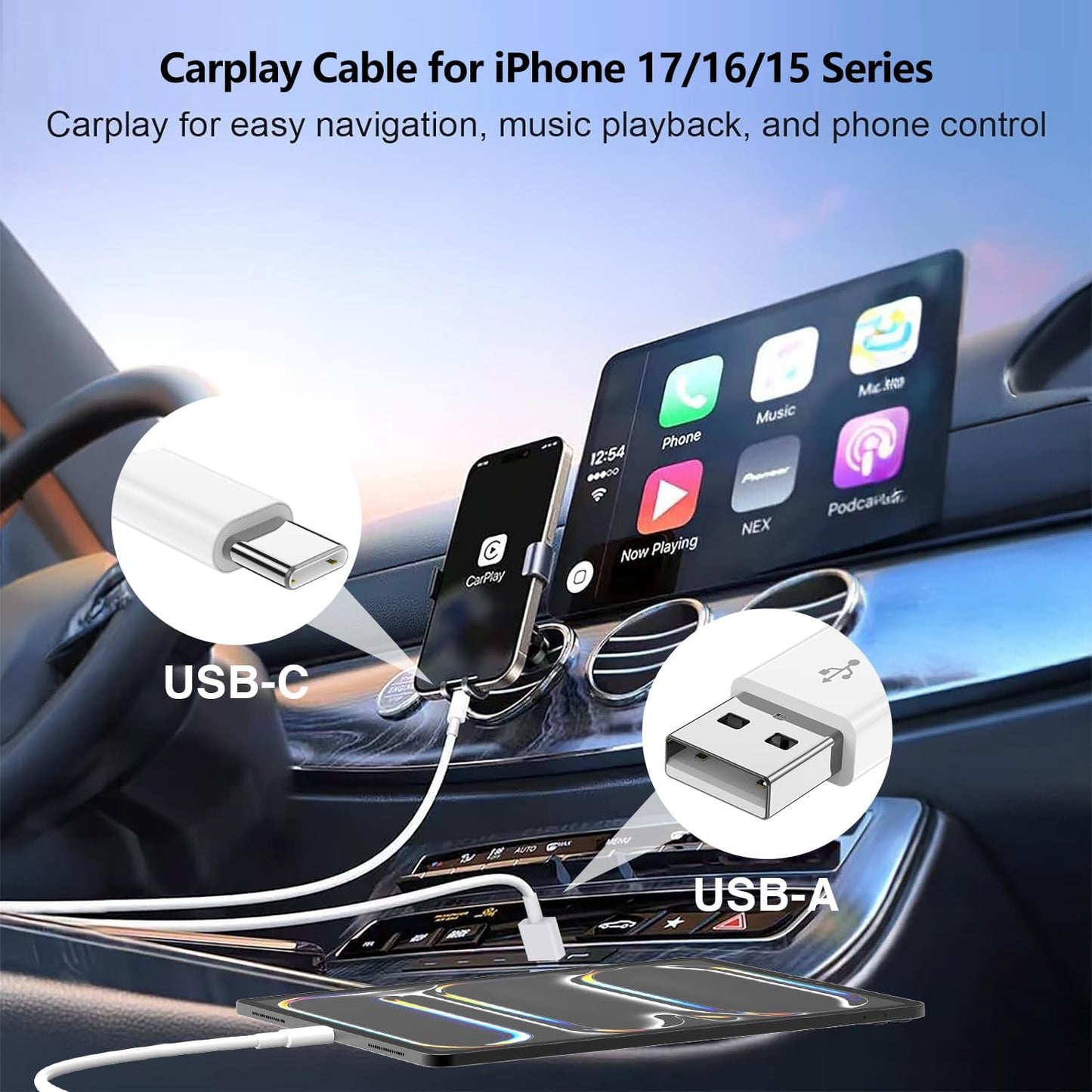 48W USB C Car Charger, Dual Port USB-C & USB-A Car Fast Charging Adapter | 2X3FT C to C Cable & A to C Carplay Cable, Super Fast Type C Car Charger for iPhone 17 16 15 Series/iPhone Air, iPad, Samsung