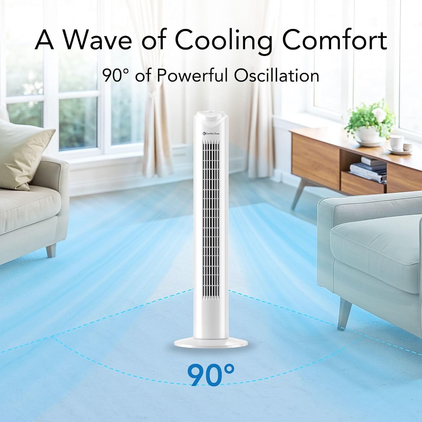Comfort Zone 32-Inch Oscillating Tower Fan – Ultra-Slim Bladeless Design with 3 Speeds, 90° Wide Oscillation & Built-in Carry Handle – Quiet Portable Standing Fan for Bedroom, Home, or Office, White