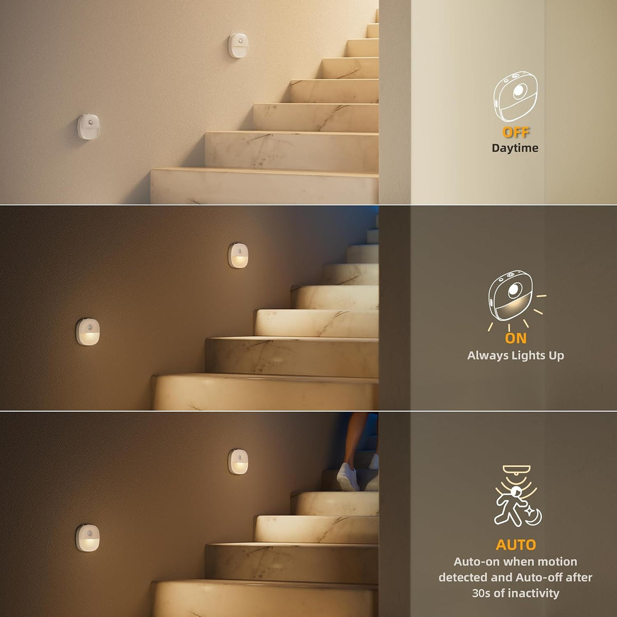 Lyridz Rechargeable Night Light, Motion Sensor Battery Nightlight, Mini Stick-on LED Closet Light, 1-20LM Dimmable Brightness for Bathroom, Bedroom, Kitchen, Washroom, Stairs, Hallway, 3-Pack