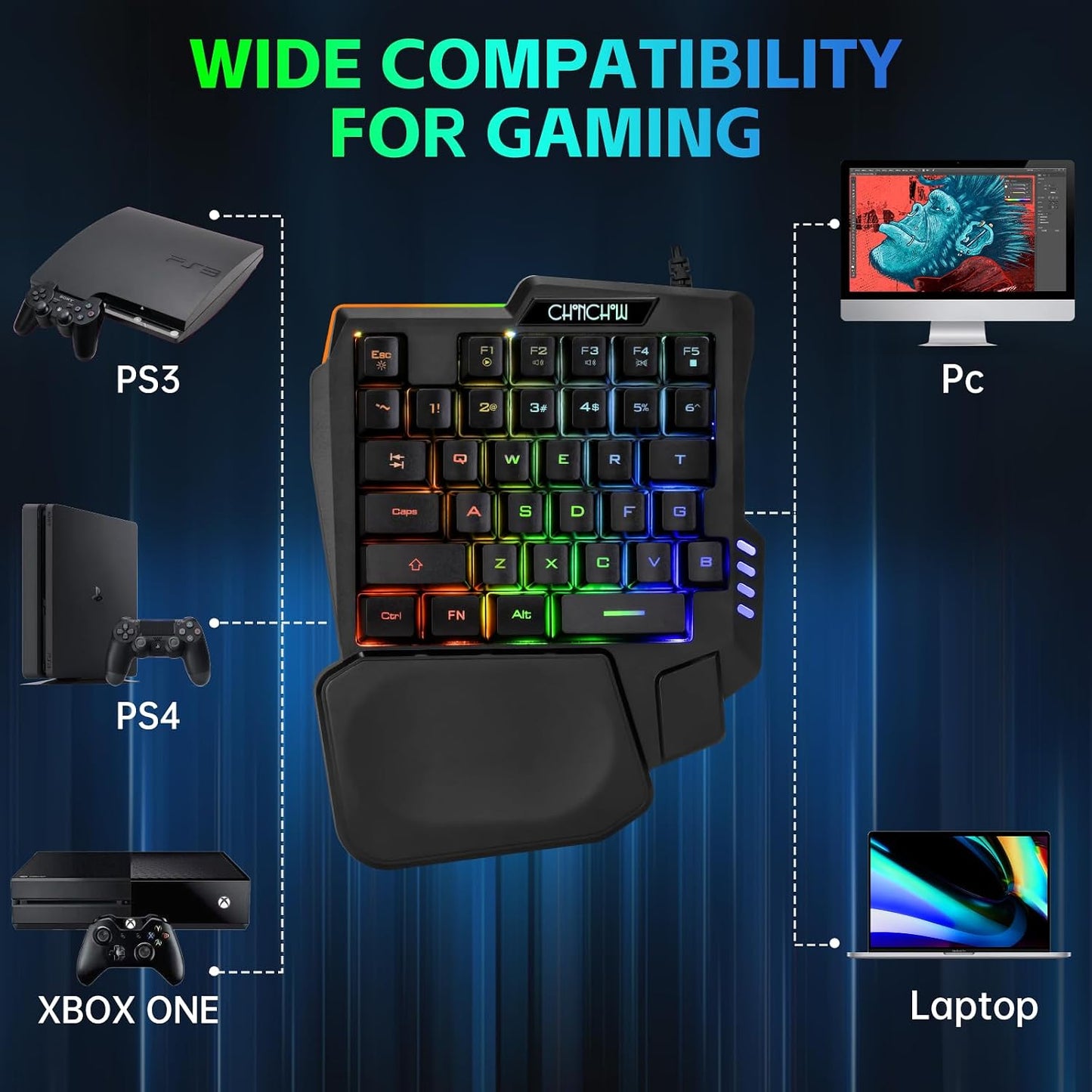 One Handed Gaming Keyboard and Mouse Combo for LOL/Wow/fortnite/Dota/PUBG | Half Mini RGB Keyboard, 35 Keys, Ergo Wrist Rest, LED 7200DPI CPI Customize Gaming Mouse, with USB Spilitter, Small Wired Set