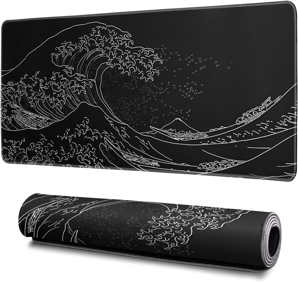 Japanese Gaming Mouse Pad Abstract Black Mouse Pad 31.5x11.8 Inch Black Sea Wave Texture Non-Slip Rubber Base Large Ocean Mousepad Stitched Edges Keyboard Mouse Mat Desk Pad for Office and Home
