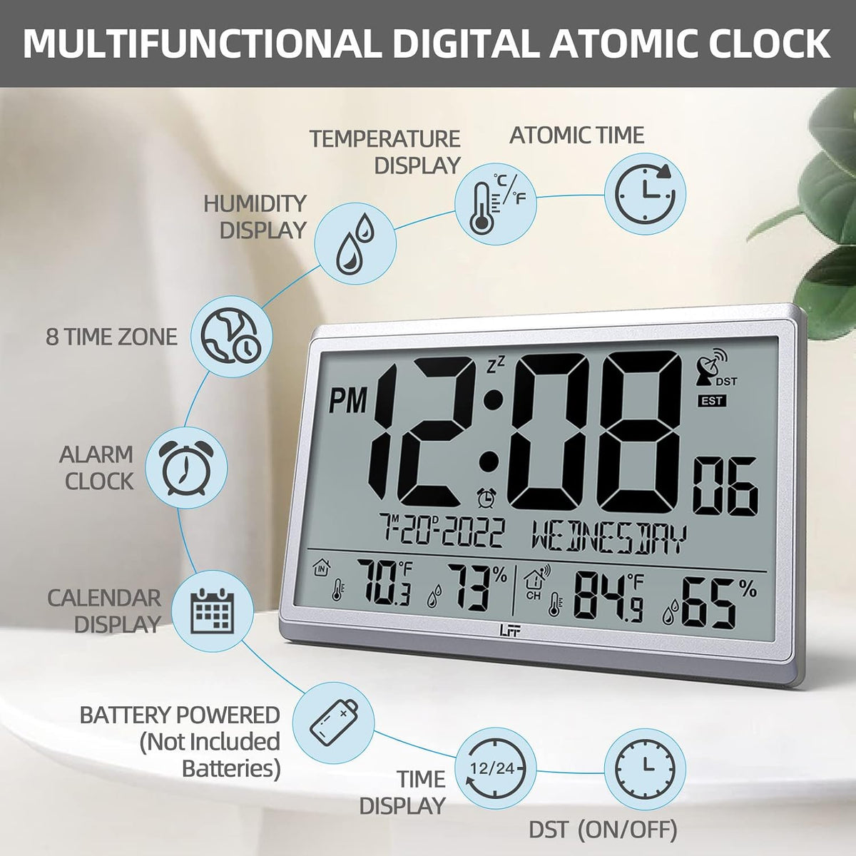 LFF Atomic Clock/Never Needs Setting, Digital Wall Clock with Indoor Outdoor Temperature & Humidity, Battery Operated, Wireless Outdoor Sensor, Atomic Wall Clock with 4.5" Numbers Easy-to-Read