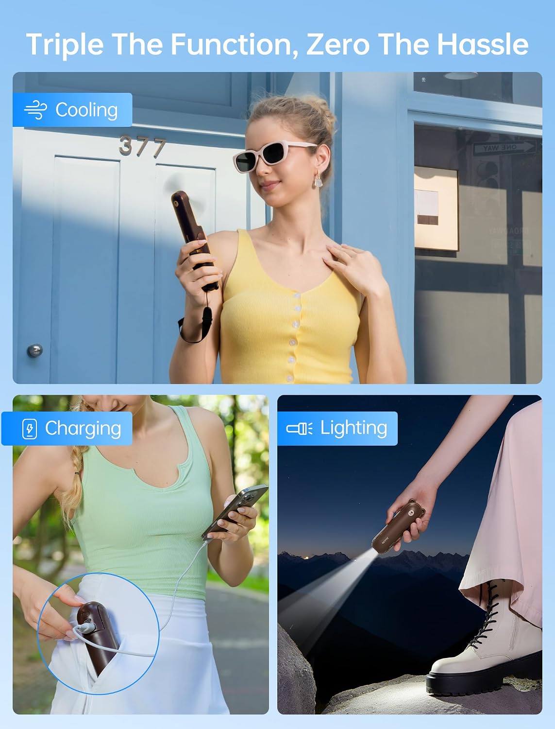 JISULIFE 3 IN 1 Portable Fan with Power Bank & Flashlight Featured | 19H Max Cooling, USB Rechargeable, Pocket-Sized Handheld Fan for Travel, Cruise, Concerts, Makeup, Summer Gifts for Women