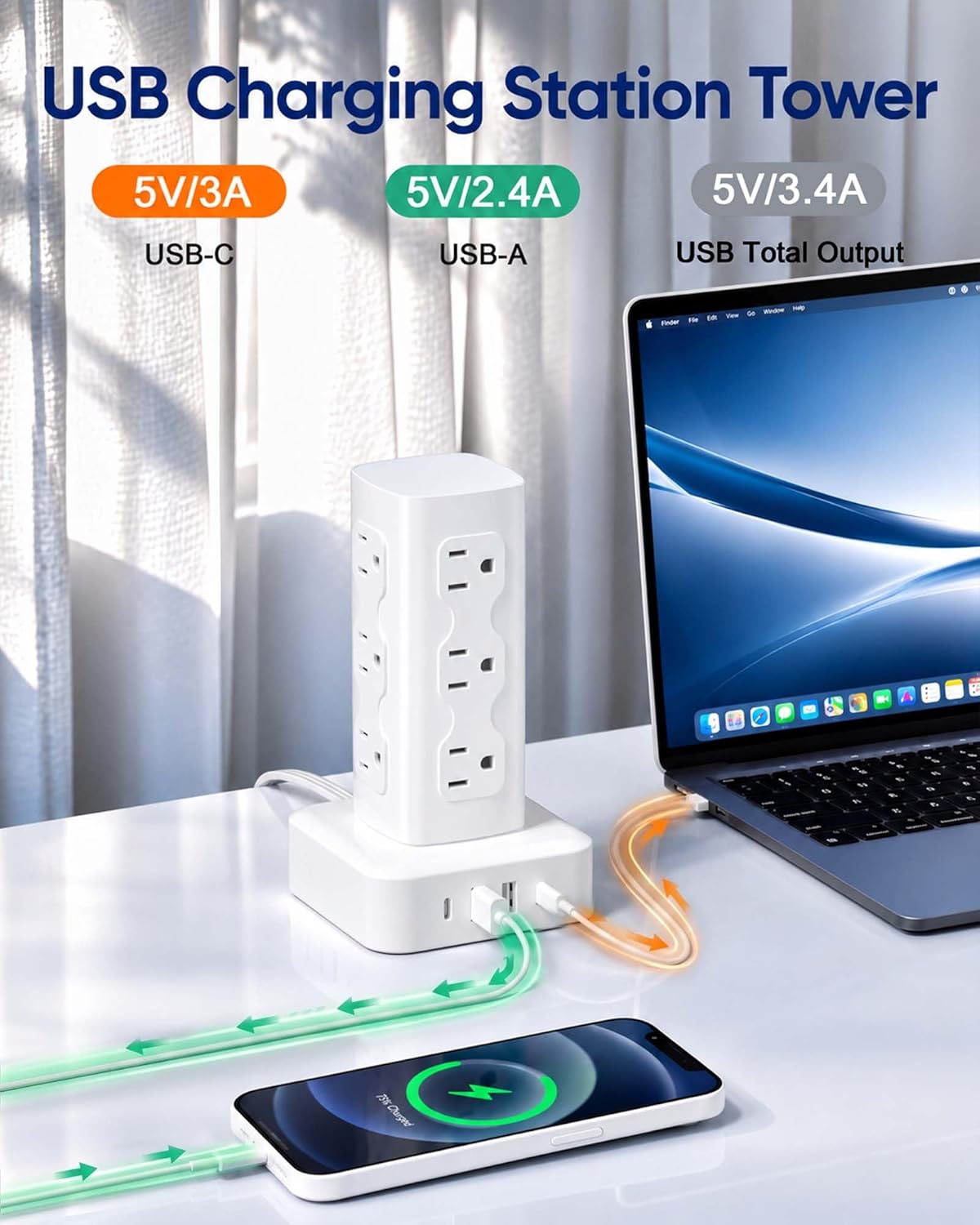 Power Strip Tower Surge Protector(2000J), Flat Plug Charging Station Tower with 12 AC Outlets & 4 USB Ports(2 USB C), 6FT Extension Cord for Home Office Dorm, White