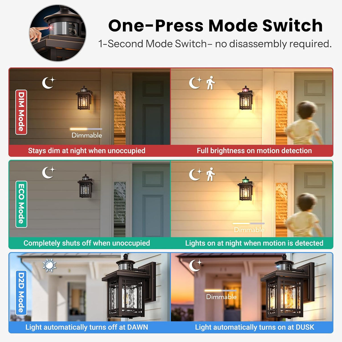 Gleamz Outdoor Porch Lights Wall Mount, Anti-Rust Updated Motion Sensor Outdoor Wall Lights, Oil Rubbed Bronze Gold Trim Exterior Lighting Fixtures,Waterproof Exterior Lighting Fixtures Dusk to Dawn
