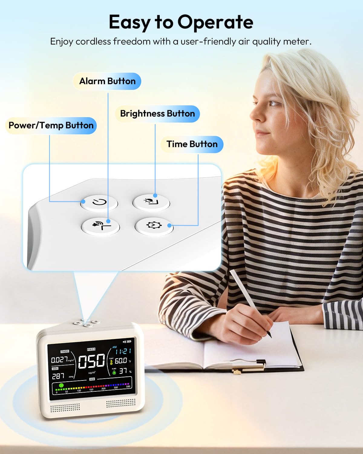 16-in-1 Air Quality Monitor Indoor, CO2 Monitor with 9 Readings & 7 AQI Alerts, Air Quality Tester for CO2, TVOC, HCHO, PM2.5 PM1.0 PM10, Temp Humidity & Time, Indoor Meter for Home Office (PureWhite)