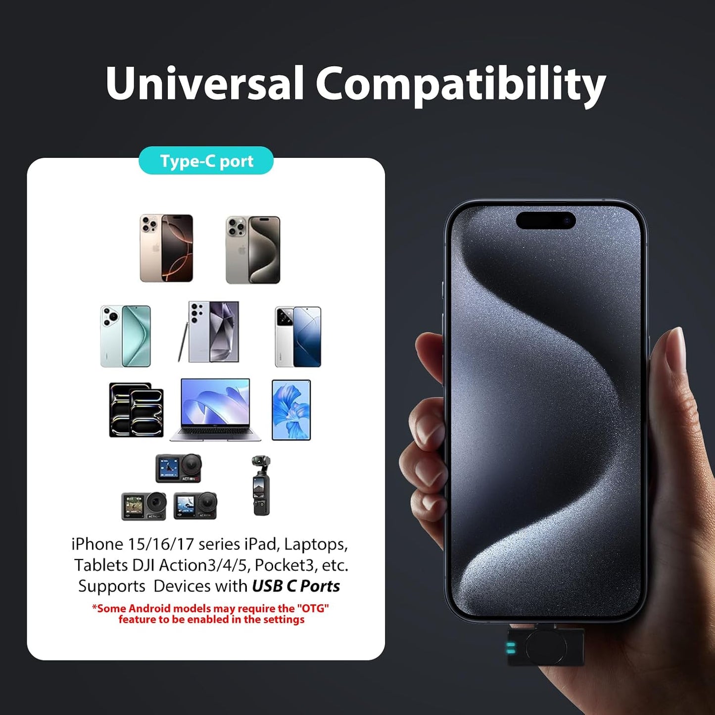 Mini Microphone for iPhone 15 16 17/Android/Tablets with USB C Plug,Wireless Lavalier Microphone with Charging case,30H Battery Life,Noise Reduction,Clip-on Mic for Video Recording,YouTube,TikTok