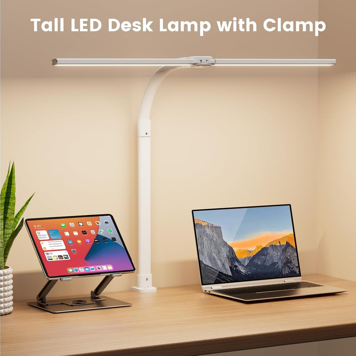 LED Desk Lamp - Bright Dimmable Computer Lamp, 24W Bendable Desk Light for Monitor Screen, Eye-Caring Tall Desktop Light for Task Home Office Work, White, Dual Head