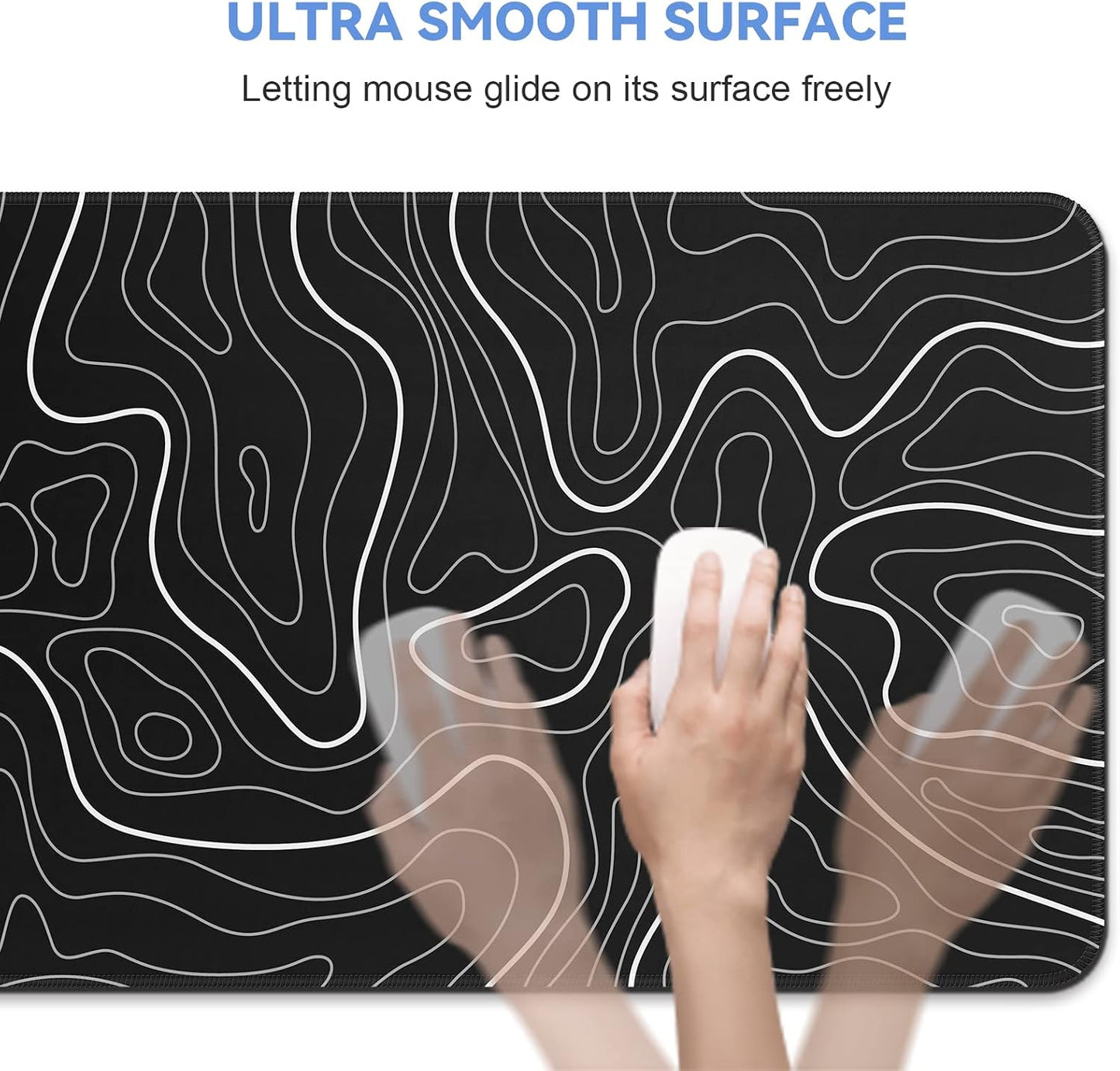 DIGSOM Gaming Mouse Pad, Black with White Topographic Line, 31.5x11.8in | XL Mouse mat, Smooth surface, Anti-slip rubber base, For keyboard and mouse, For home and office use