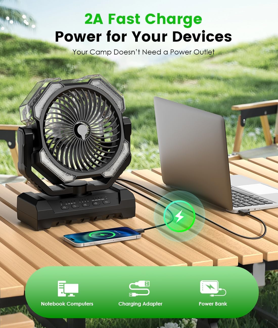 Camping Misting Fan - Portable Rechargeable Fan with 8.9oz Tank, Light, Hook - Battery Power 120H MAX Working, Fast Cooling, 4 Speed, Timer, Sleep Mode, for Outdoor, Travel, Patios, Beach