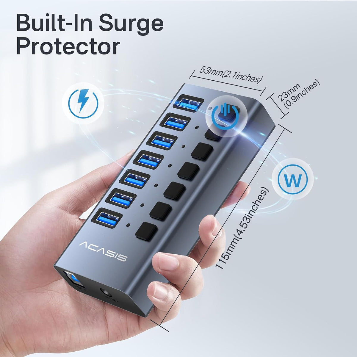 ACASIS Powered 7 Ports USB 3.2 Hub, 10Gbps Data Transfer, 24W Adapter | Individual On/Off Switch for Each Port • Aluminum Housing • Better Heat Dissipation • Plug & Play