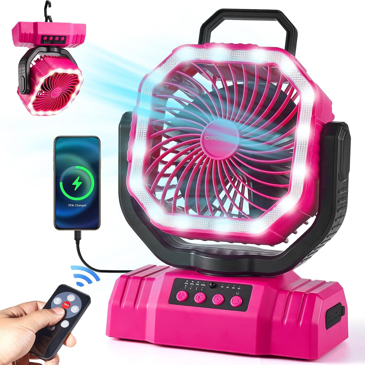 Odoland Portable Camping Fan with Light, 20000mAh Rechargeable Battery Fan | Desk Fan with Auto Oscillation, Timer, Remote, 360° Rotation Hook, 4 Speeds for Power Outage Travel Home, Pink