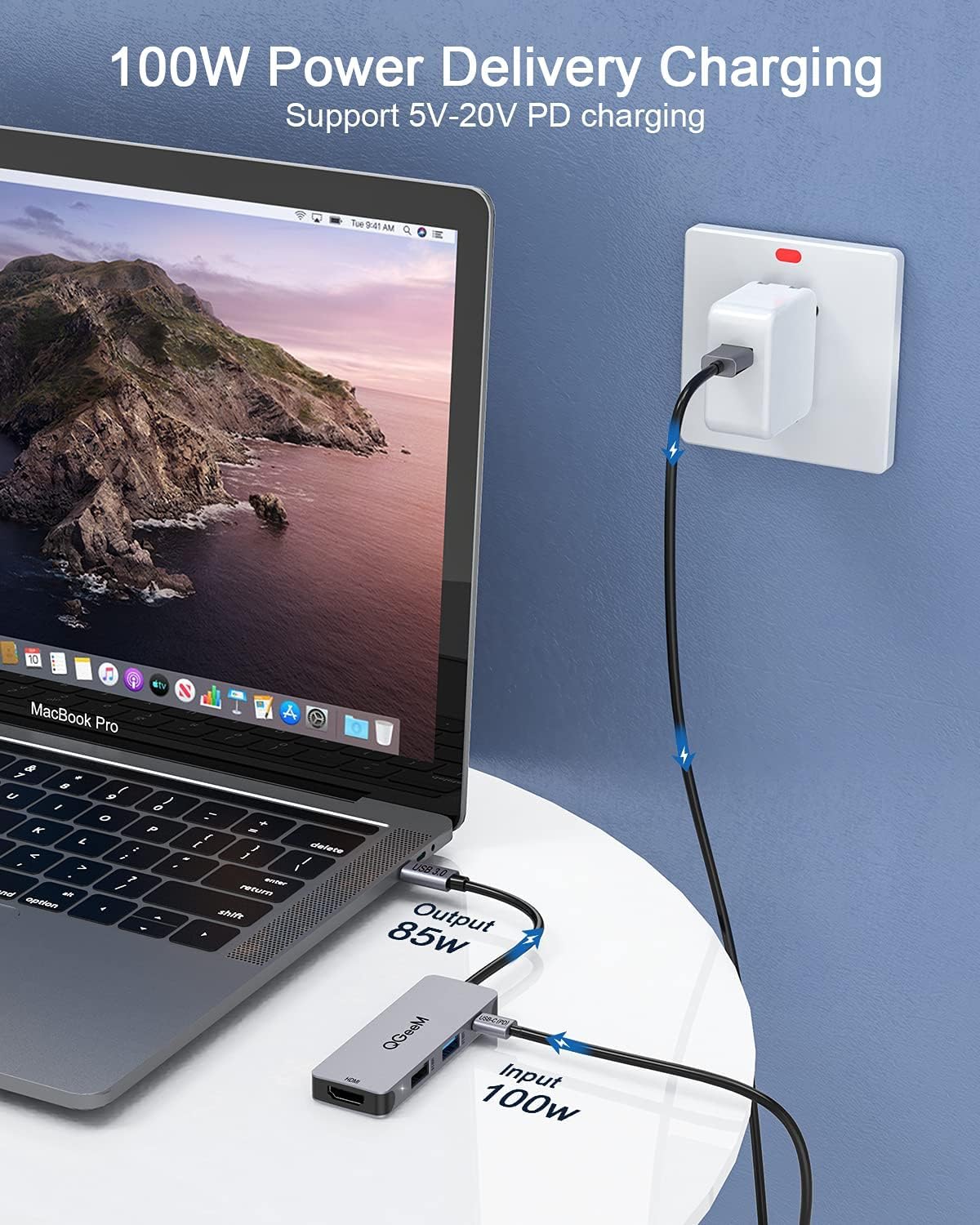 QGeeM USB C Hub 4 in 1 Multi-Port Digital AV Adapter 4K HDMI, 100W Power Delivery, 2 USB-A Data Ports, USB C Dongle Compatible for MacBook Pro Air Ipad HP Dell Lenovo iMac iPhone 15 Pro/Pro etc.